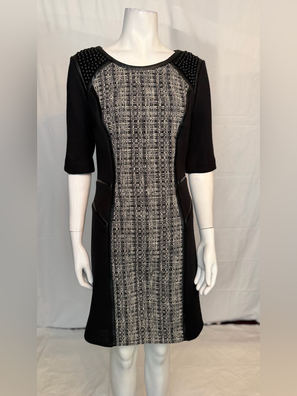 Milly Black and White Tweed-Panel Midi Dress